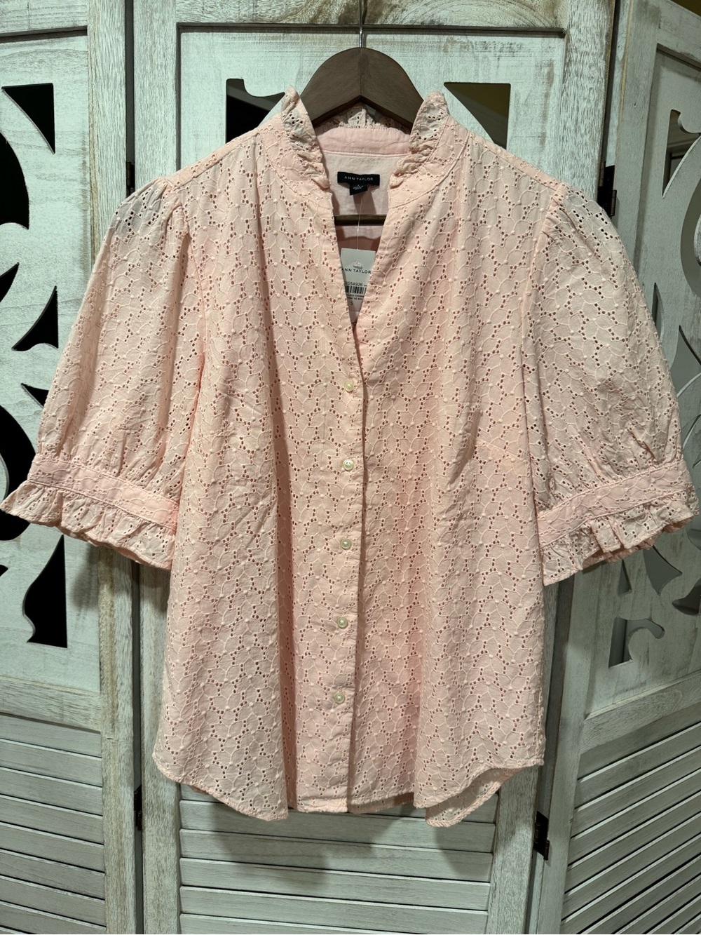 Ann Taylor Pale Pink Eyelet Button-Front Puff Sleeve Blouse